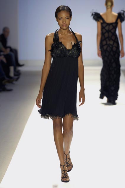 One of Laura Bennett's dresses for Project Runway's finale. It has a black feather bodice.